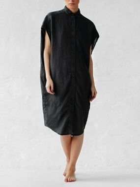 Seaside Tones Rei Linen Dress Oversized Button Front Shift Black One Size